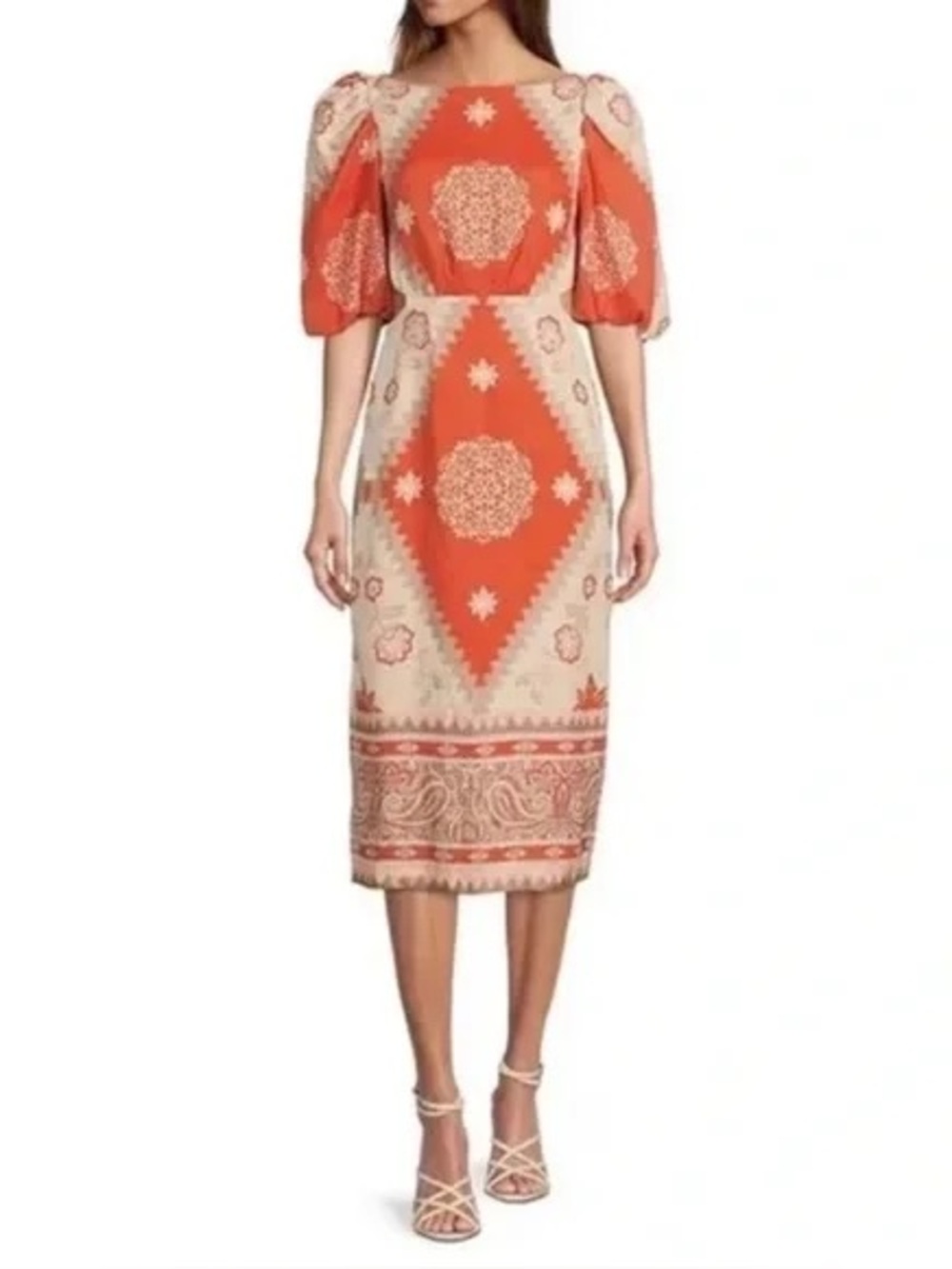 ANTONIO MELANI Orange and Cream Printed Puff-Sleeve Midi Dress